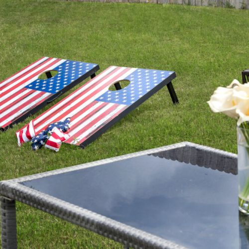 All set-up for an entertaining game of cornhole!